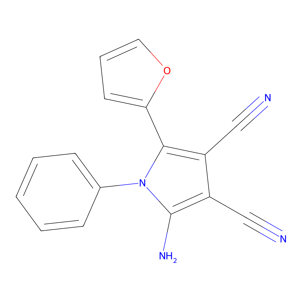 2-amino-5-(furan-2-yl)-1-phenyl-1H-pyrrole-3,4-dicarbonitrile molecular structure, CAS 78563-60-7