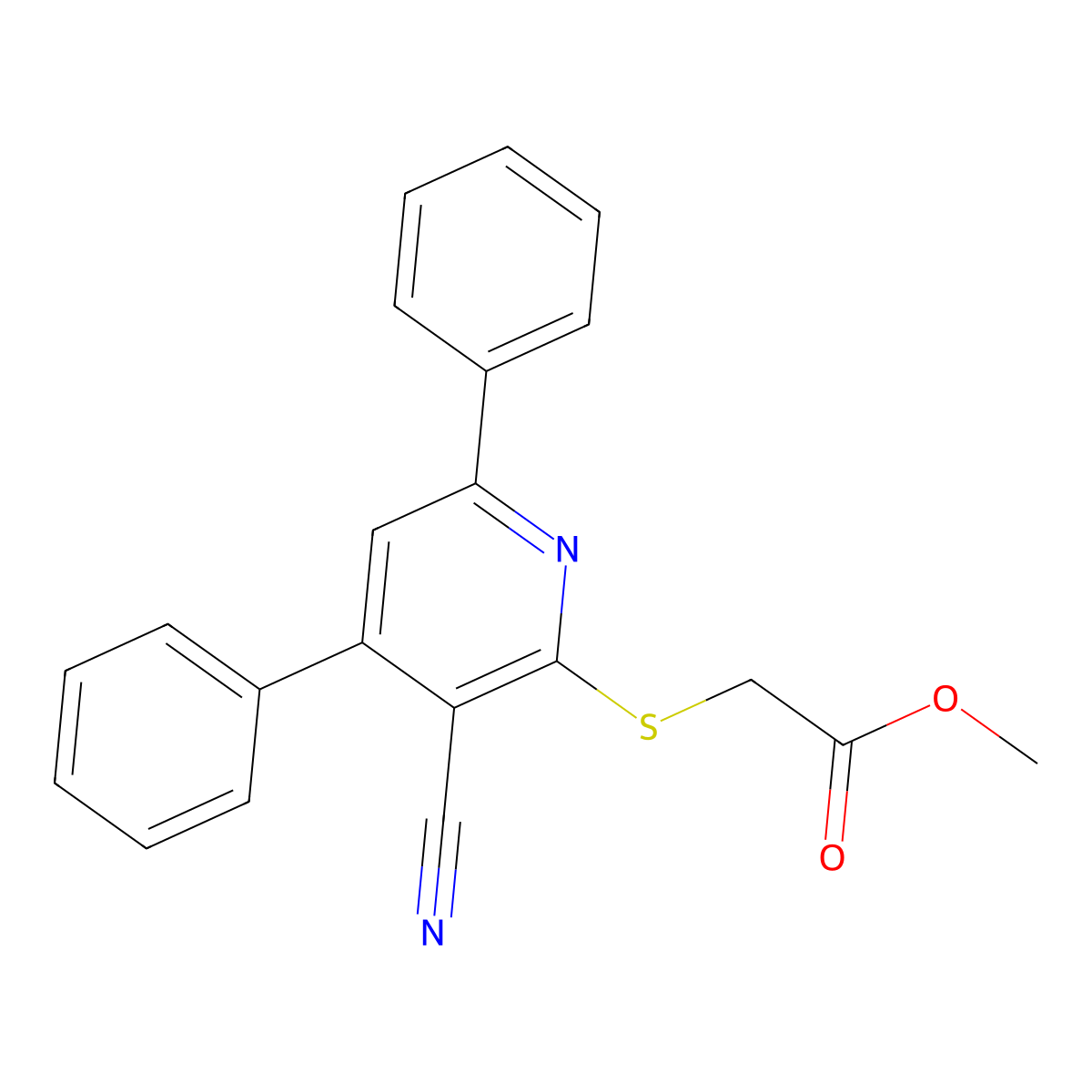 (3-Cyano-4,6-diphenyl-pyridin-2-ylsulfanyl)-acetic acid methyl ester molecular structure, CAS 78564-30-4