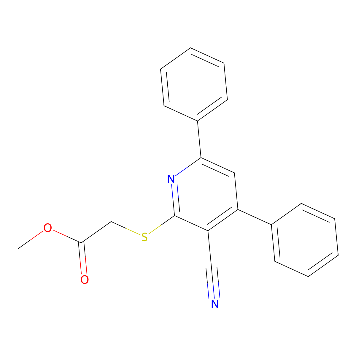 (3-Cyano-4,6-diphenyl-pyridin-2-ylsulfanyl)-acetic acid methyl ester molecular structure, CAS 78564-30-4
