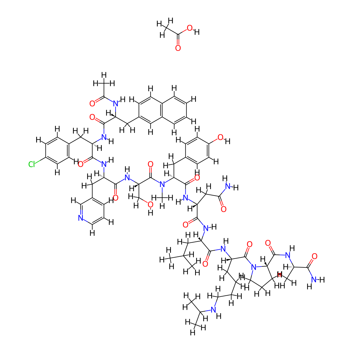 n-acetyl-3-(2-naphthalenyl)-d-alanyl-4-chloro-d-phenylalanyl-3-(3-pyridinyl)-d-alanyl-l-seryl-n-methyl-l-tyrosyl-d-asparaginyl-l-leucyl-n6-(1-methylethyl)-l-lysyl-l-prolyl-d-alaninamide, acetate salt molecular structure, CAS 785804-17-3