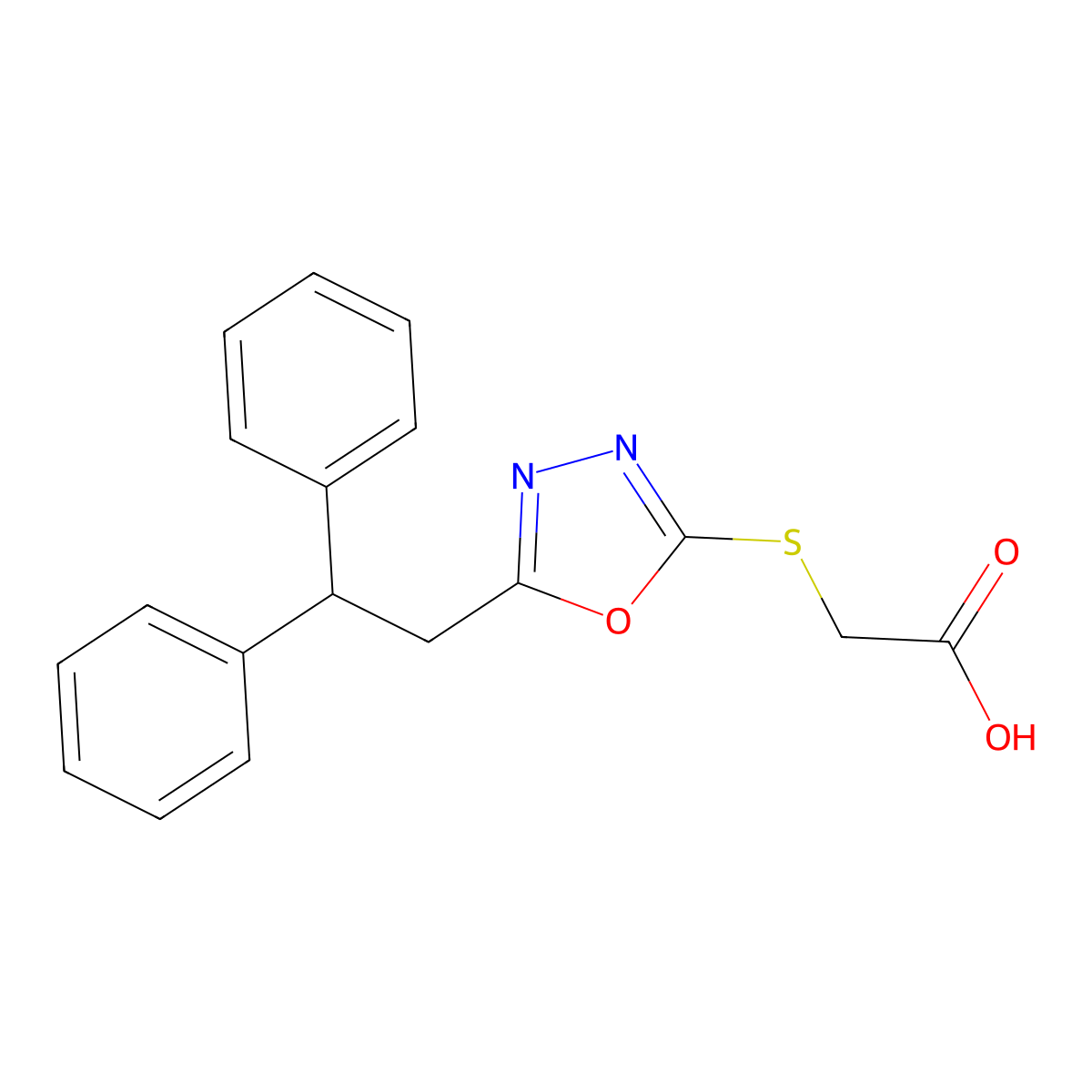 Acetic acid, 2-((5-(alpha-phenylphenethyl)-1,3,4-oxadiazol-2-yl)thio)- molecular structure, CAS 78613-16-8