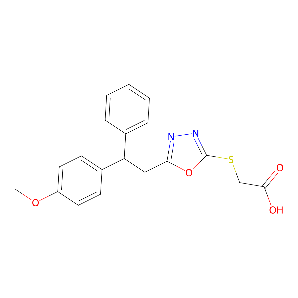 Acetic acid, 2-((5-(p-methoxy-alpha-phenylphenethyl)-1,3,4-oxadiazol-2-yl)thio)- molecular structure, CAS 78613-18-0