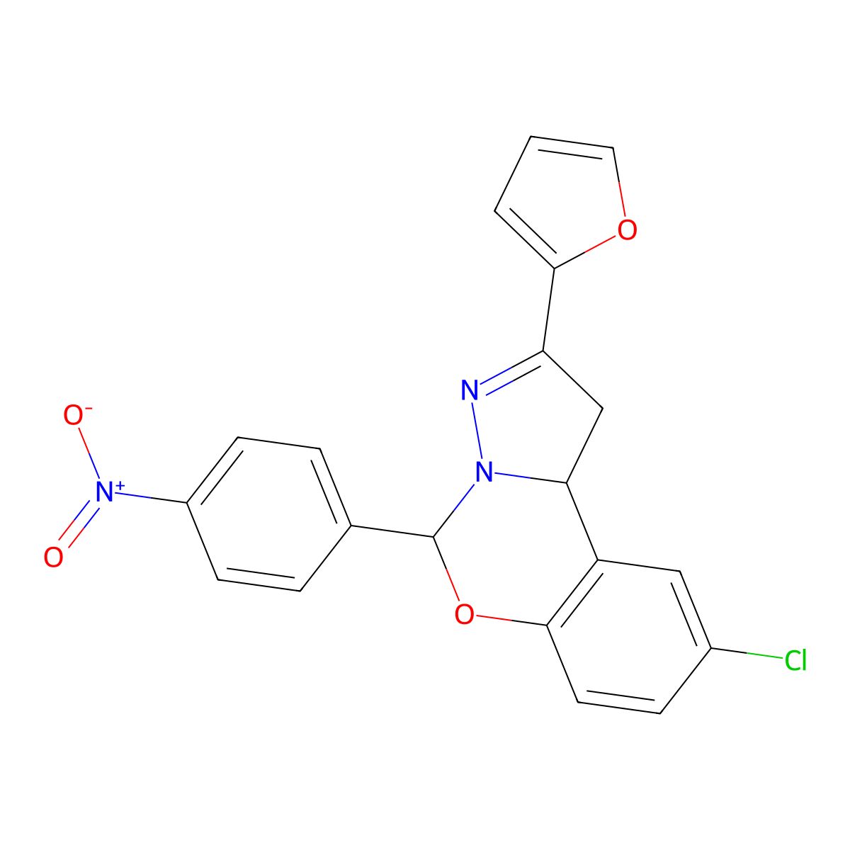9-chloro-2-(furan-2-yl)-5-(4-nitrophenyl)-5,10b-dihydro-1H-pyrazolo[1,5-c][1,3]benzoxazine molecular structure, CAS 786672-92-2