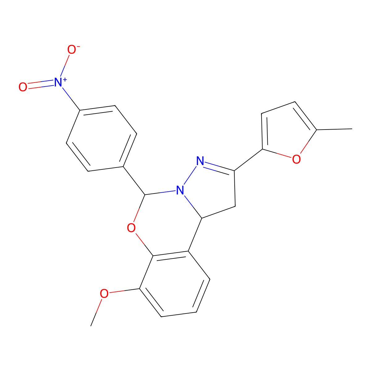 7-Methoxy-2-(5-methylfuran-2-yl)-5-(4-nitrophenyl)-1,10b-dihydropyrazolo[1,5-c][1,3]benzoxazine molecular structure, CAS 786672-95-5