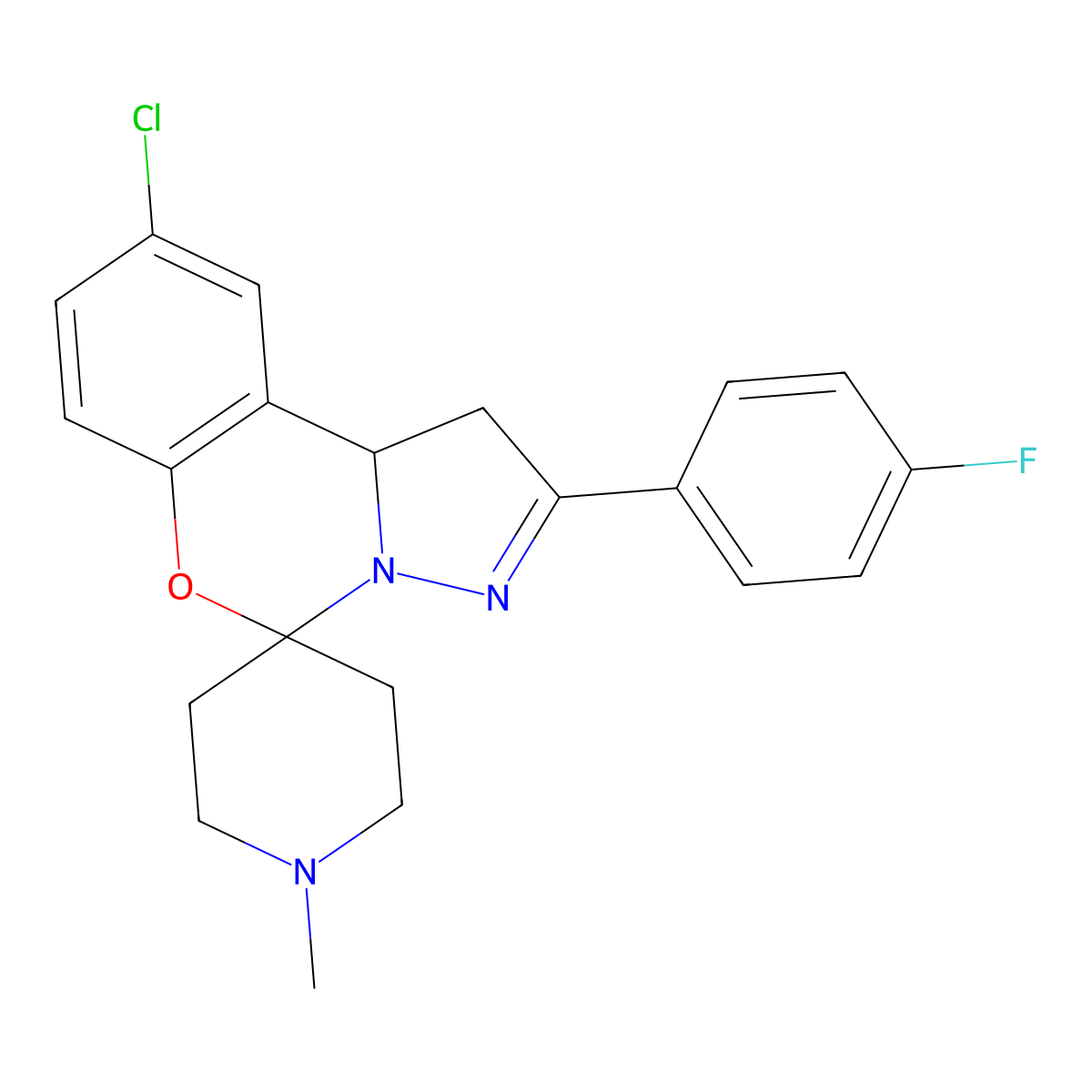 9'-Chloro-2'-(4-fluorophenyl)-1-methyl-1',10b'-dihydrospiro[piperidine-4,5'-pyrazolo[1,5-c][1,3]benzoxazine] molecular structure, CAS 786674-07-5