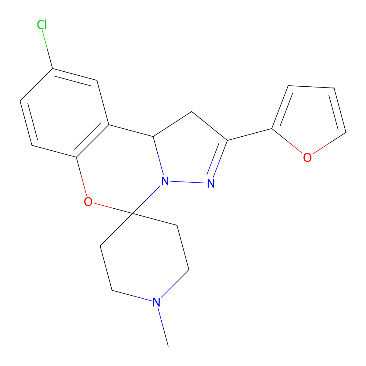 9-Chloro-2-(furan-2-yl)-1'-methyl-1,10b-dihydrospiro[benzo[e]pyrazolo[1,5-c][1,3]oxazine-5,4'-piperidine] molecular structure, CAS 786674-08-6