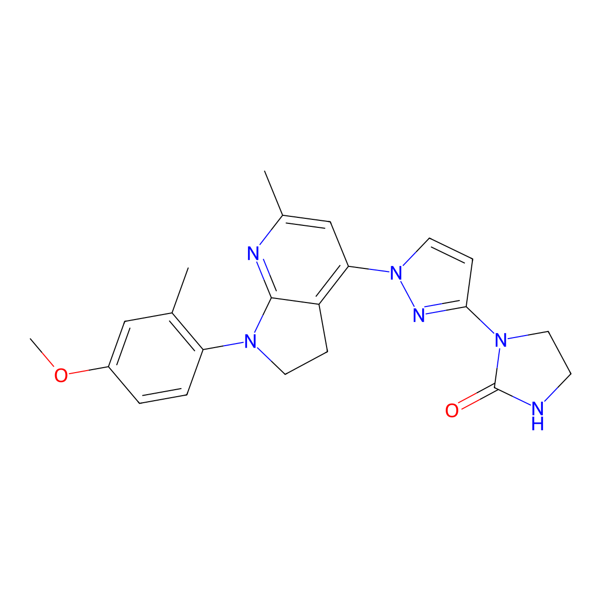 1-(1-(2,3-Dihydro-1-(4-methoxy-2-methylphenyl)-6-methyl-1H-pyrrolo(2,3-b)pyridin-4-yl)-1H-pyrazol-3-yl)-2-imidazolidinone molecular structure, CAS 786701-13-1