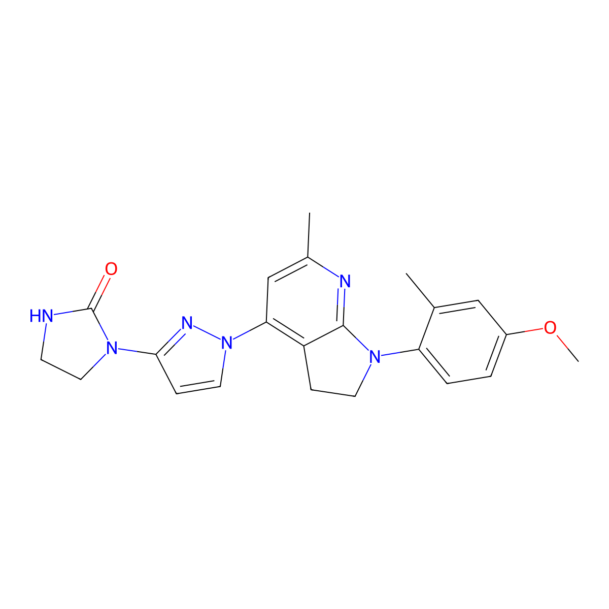 1-(1-(2,3-Dihydro-1-(4-methoxy-2-methylphenyl)-6-methyl-1H-pyrrolo(2,3-b)pyridin-4-yl)-1H-pyrazol-3-yl)-2-imidazolidinone molecular structure, CAS 786701-13-1
