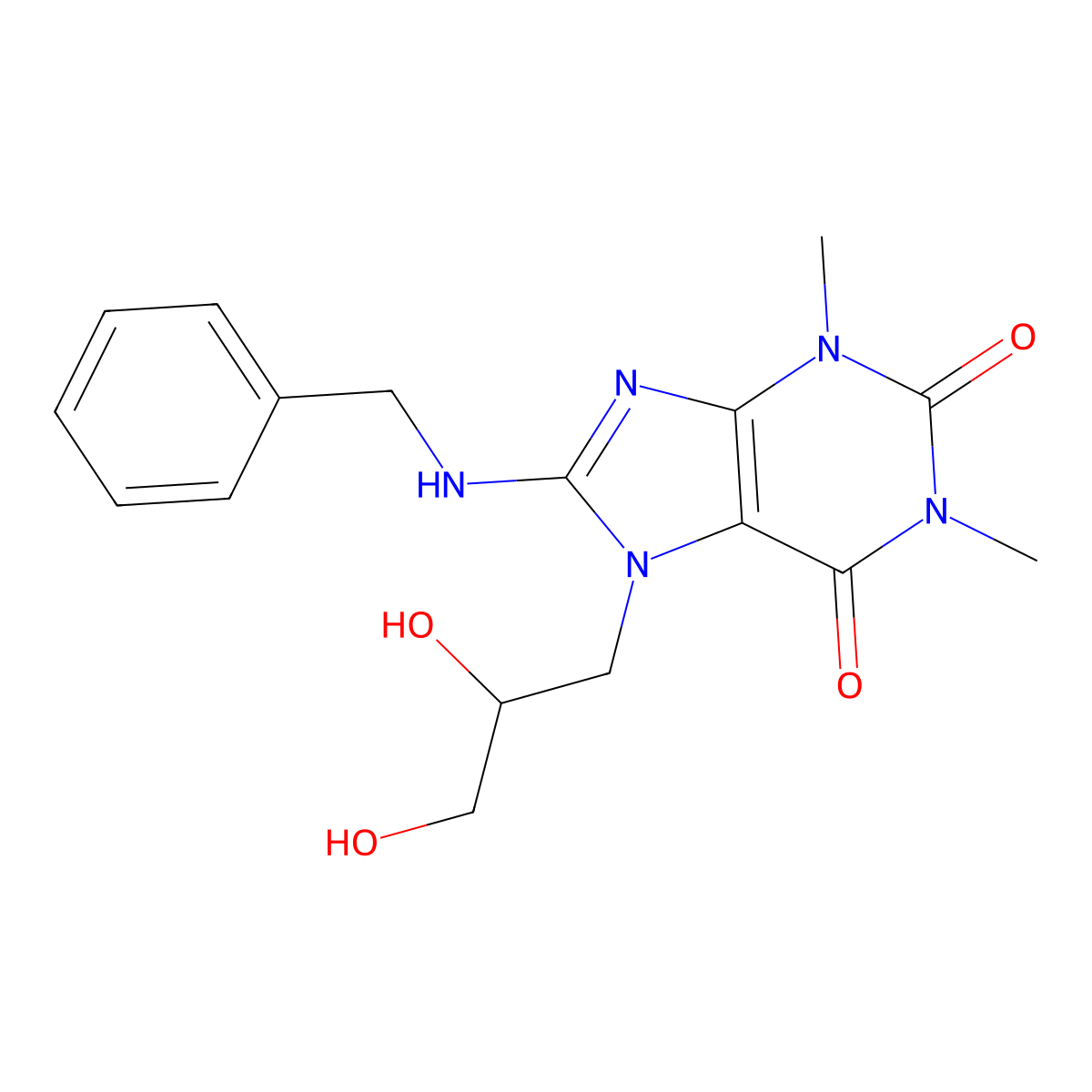 1H-Purine-2,6-dione, 3,7-dihydro-7-(2,3-dihydroxypropyl)-1,3-dimethyl-8-((phenylmethyl)amino)- molecular structure, CAS 78740-20-2