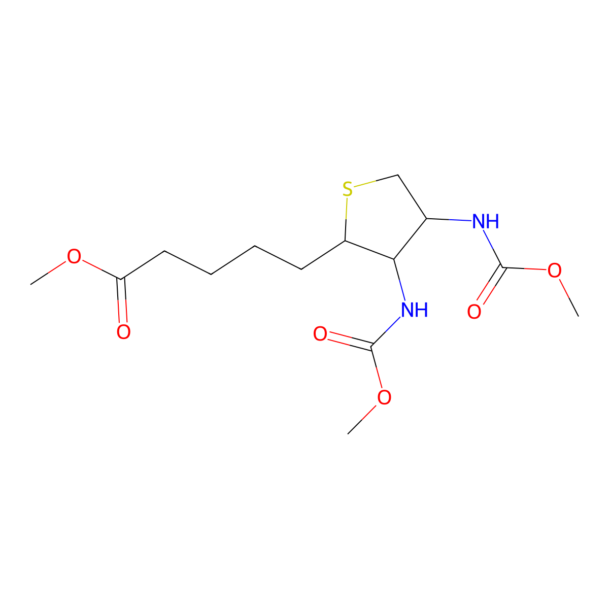methyl 5-((2R,3R,4S)-3,4-bis((methoxycarbonyl)amino)tetrahydrothiophen-2-yl)pentanoate molecular structure, CAS 78757-40-1