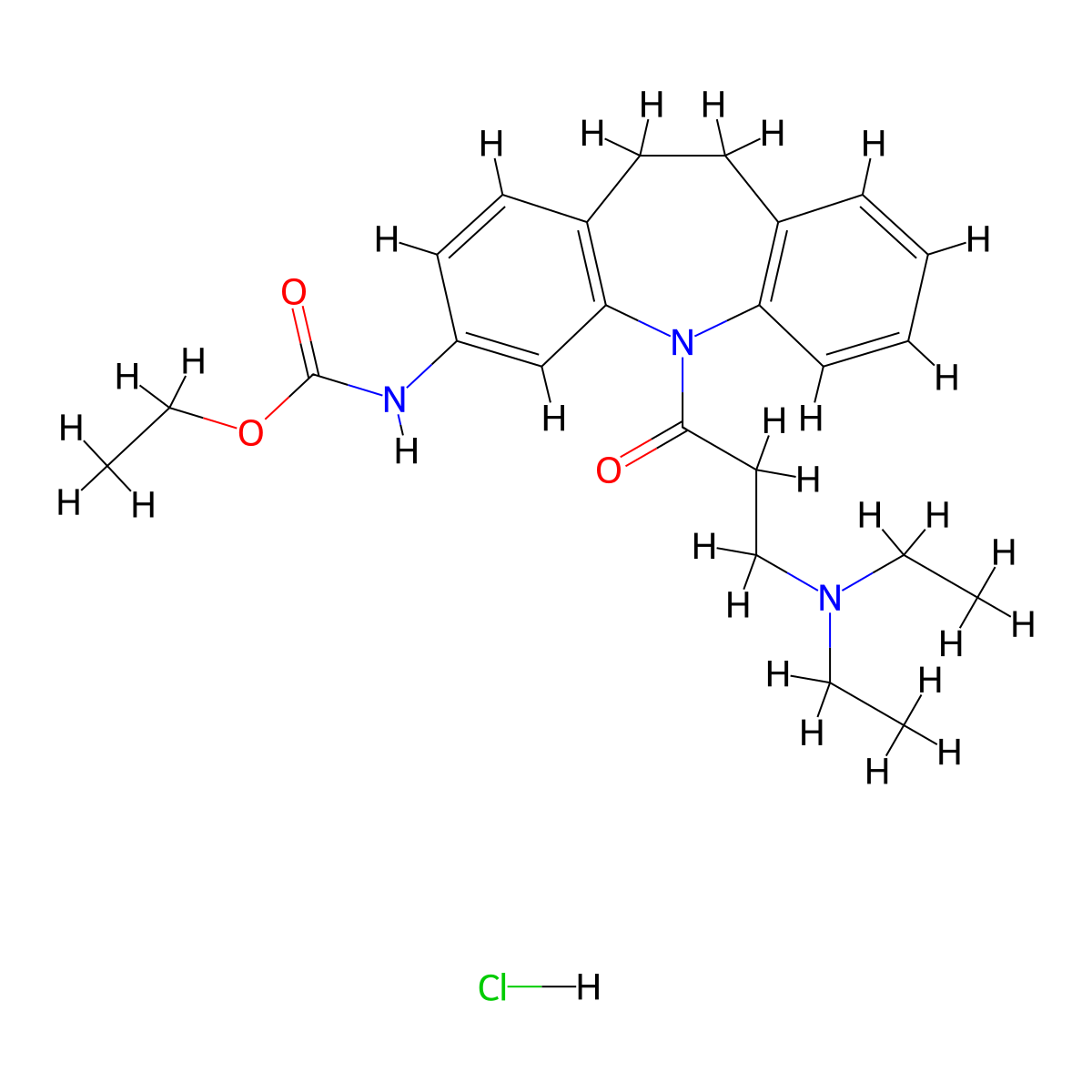 Carbamic acid, (5-(3-(diethylamino)-1-oxopropyl)-10,11-dihydro-5H-dibenz(b,f)azepin-3-yl)-, ethyl ester, monohydrochloride molecular structure, CAS 78816-48-5