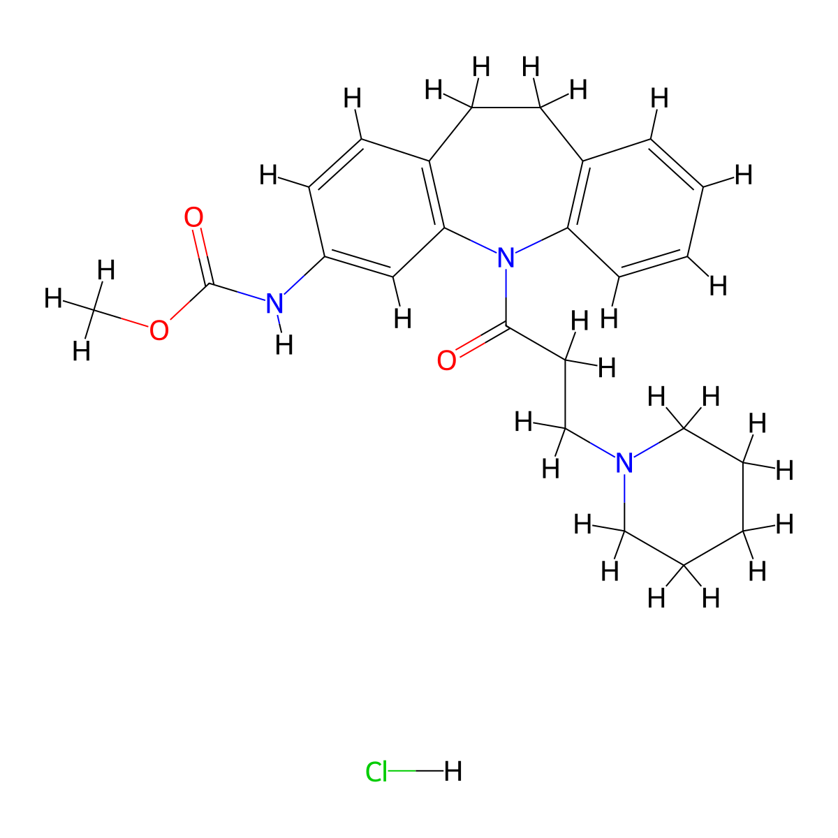 Carbamic acid, (10,11-dihydro-5-(1-oxo-3-(1-piperidinyl)propyl)-5H-dibenz(b,f)azepin-3-yl)-, methyl ester, monohydrochloride molecular structure, CAS 78816-53-2