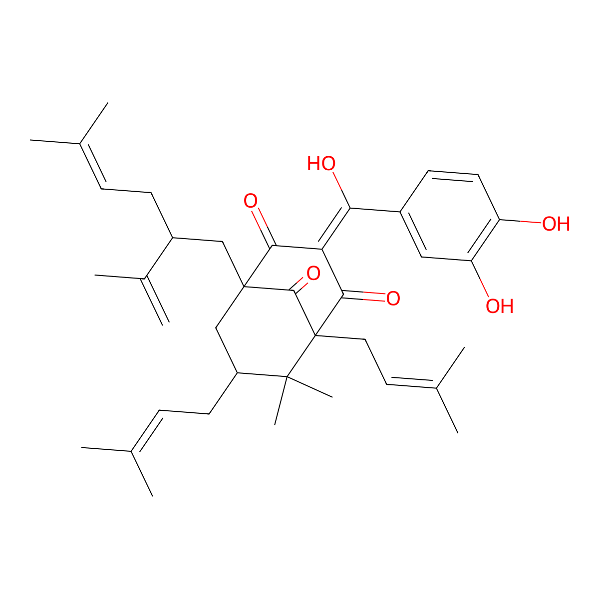 (1S,3Z,5R,7R)-3-[(3,4-dihydroxyphenyl)-hydroxymethylidene]-6,6-dimethyl-5,7-bis(3-methylbut-2-enyl)-1-[(2S)-5-methyl-2-prop-1-en-2-ylhex-4-enyl]bicyclo[3.3.1]nonane-2,4,9-trione molecular structure, CAS 78824-30-3