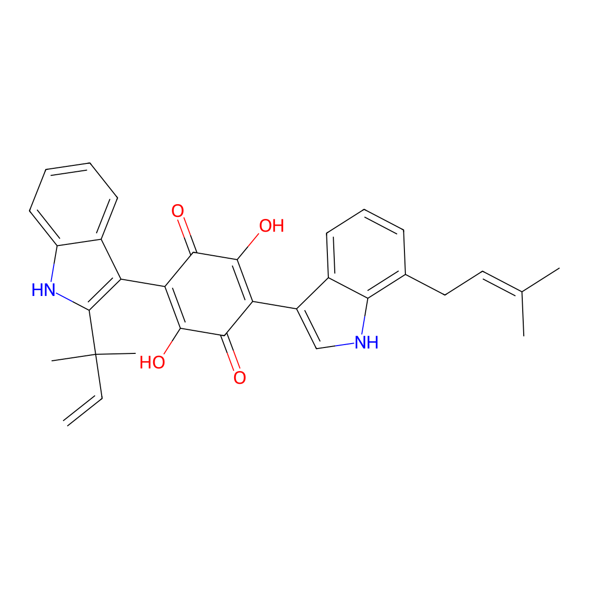 2-(2-(1,1-Dimethyl-2-propen-1-yl)-1H-indol-3-yl)-3,6-dihydroxy-5-(7-(3-methyl-2-buten-1-yl)-1H-indol-3-yl)-2,5-cyclohexadiene-1,4-dione molecular structure, CAS 78860-34-1