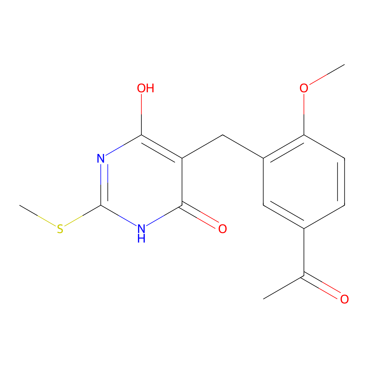 5-[(5-acetyl-2-methoxyphenyl)methyl]-4-hydroxy-2-methylsulfanyl-1H-pyrimidin-6-one molecular structure, CAS 78927-67-0