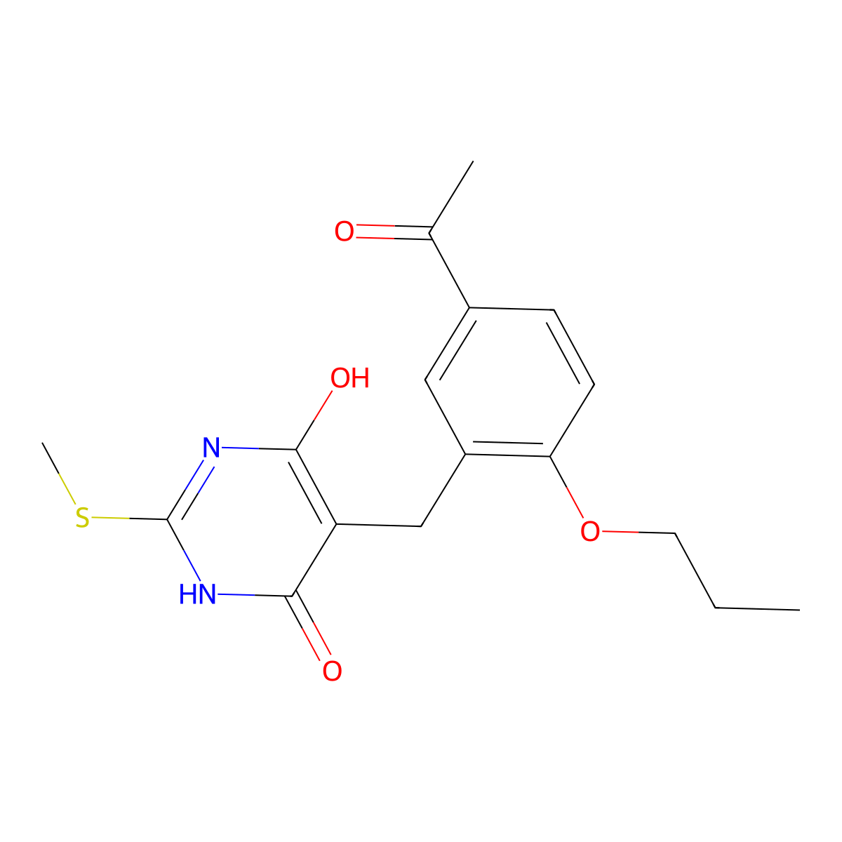 1-(3-{[4,6-Dihydroxy-2-(methylsulfanyl)-5-pyrimidinyl]methyl}-4-propoxyphenyl)ethanone molecular structure, CAS 78927-69-2
