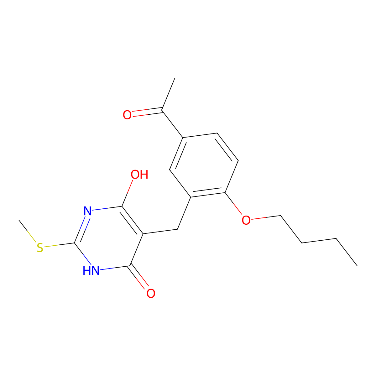 5-[(5-acetyl-2-butoxyphenyl)methyl]-4-hydroxy-2-methylsulfanyl-1H-pyrimidin-6-one molecular structure, CAS 78927-71-6