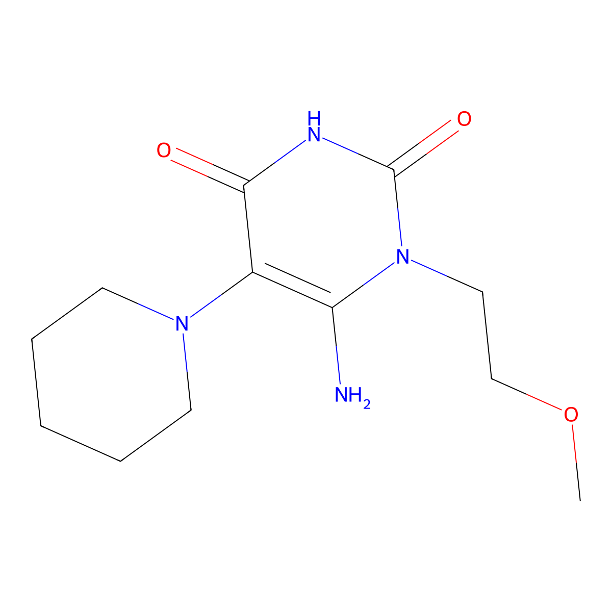 6-Amino-1-(2-methoxyethyl)-5-(piperidin-1-yl)-1,2,3,4-tetrahydropyrimidine-2,4-dione molecular structure, CAS 790232-14-3