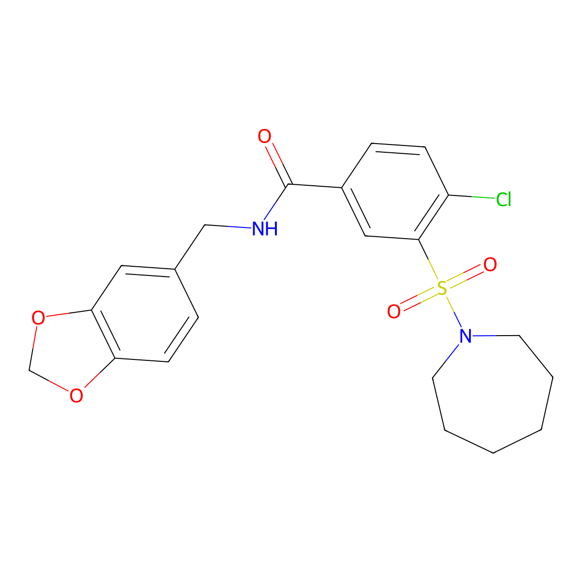3-(azepan-1-ylsulfonyl)-N-(1,3-benzodioxol-5-ylmethyl)-4-chlorobenzamide molecular structure, CAS 790242-80-7