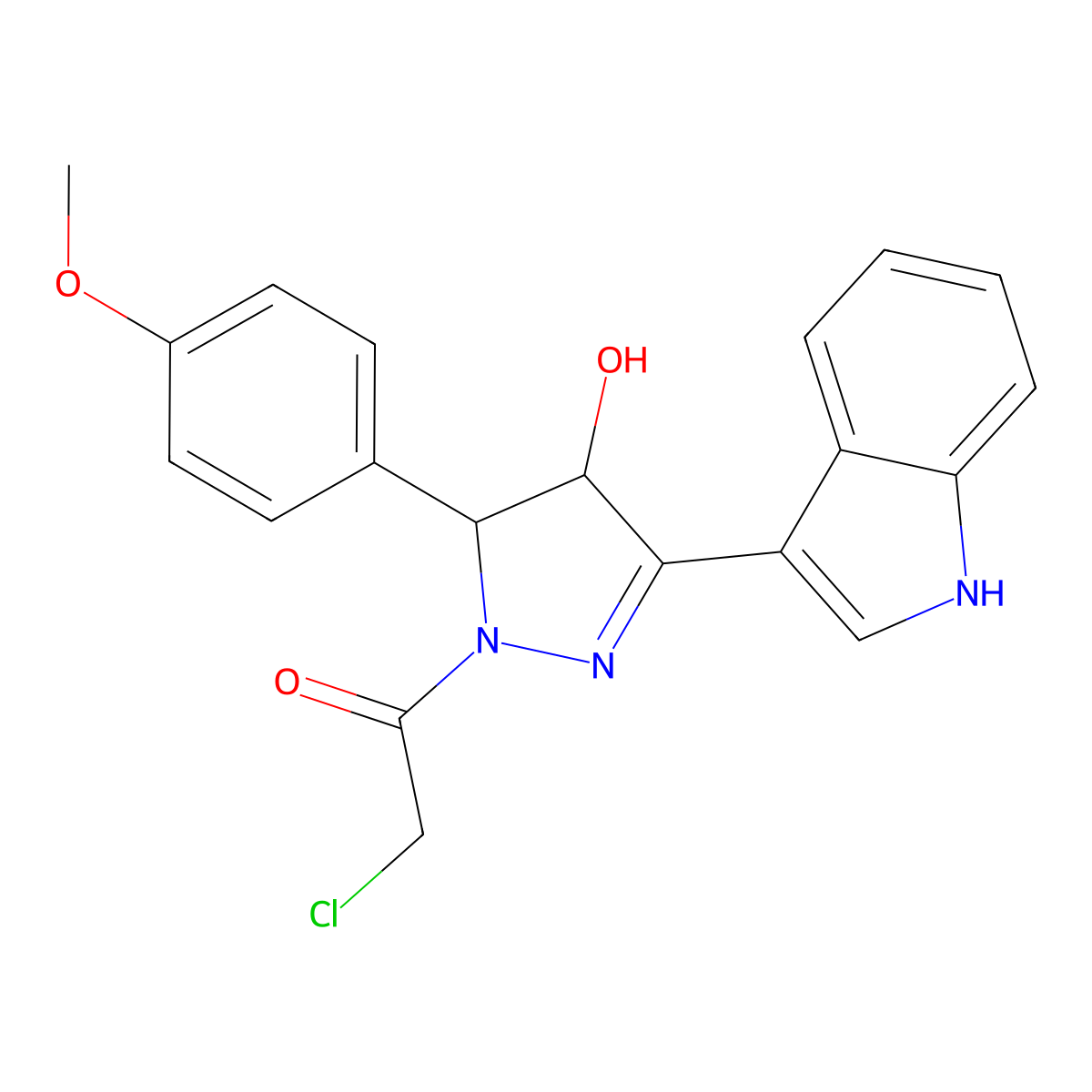 2-chloro-1-[4-hydroxy-3-(1H-indol-3-yl)-5-(4-methoxyphenyl)-4,5-dihydro-1H-pyrazol-1-yl]ethan-1-one molecular structure, CAS 790263-76-2