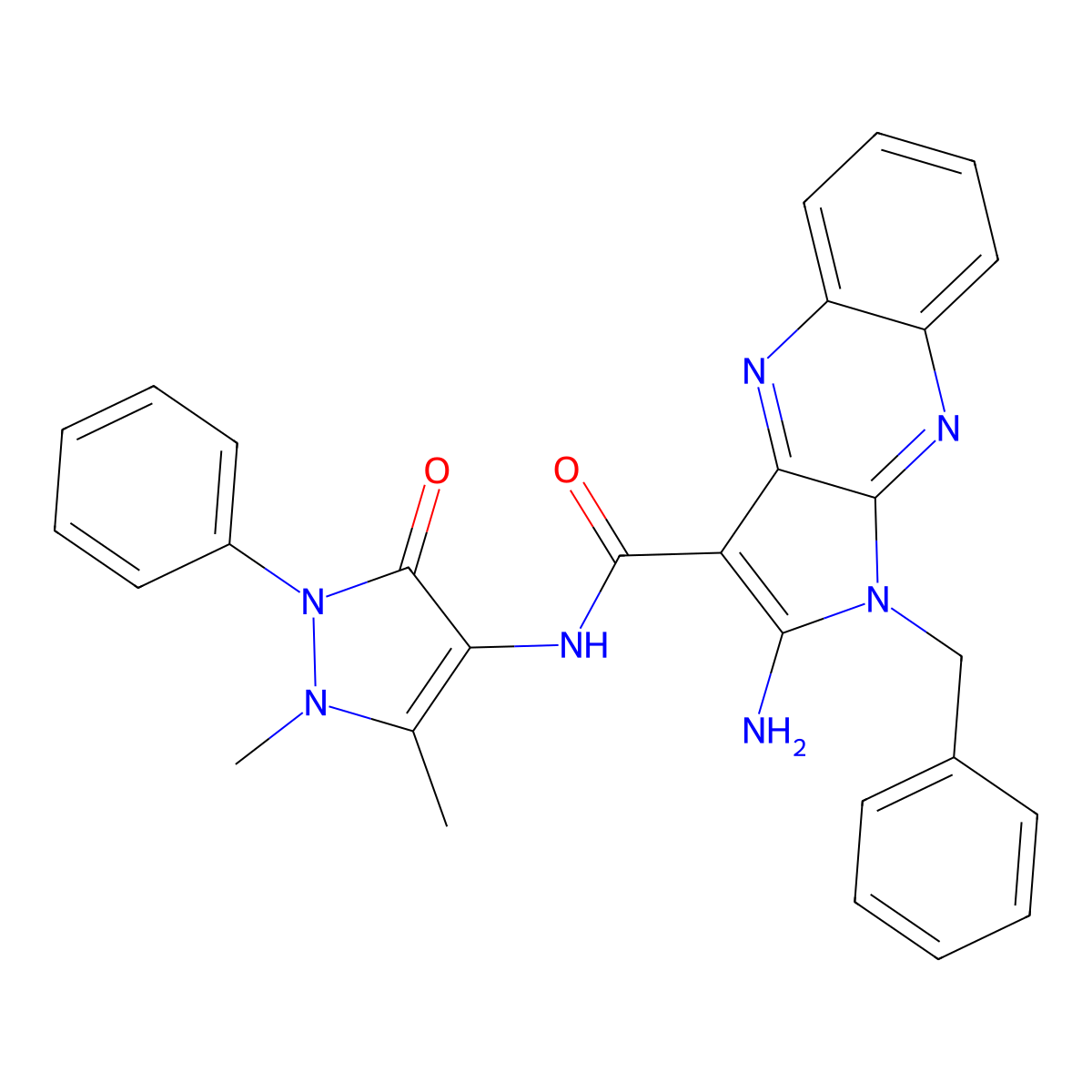 2-amino-1-benzyl-N-(1,5-dimethyl-3-oxo-2-phenyl-2,3-dihydro-1H-pyrazol-4-yl)-1H-pyrrolo[2,3-b]quinoxaline-3-carboxamide molecular structure, CAS 790268-58-5
