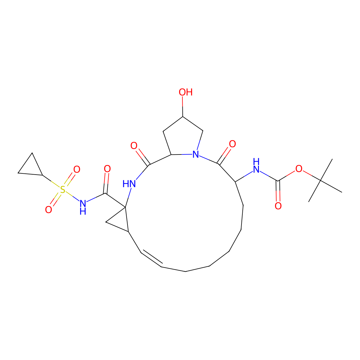 tert-butyl ((2R,6S,13aS,14aR,16aS,Z)-14a-((cyclopropylsulfonyl)carbamoyl)-2-hydroxy-5,16-dioxo-1,2,3,5,6,7,8,9,10,11,13a,14,14a,15,16,16a-hexadecahydrocyclopropa[e]pyrrolo[1,2-a][1,4]diazacyclopentadecin-6-yl)carbamate molecular structure, CAS 790305-05-4