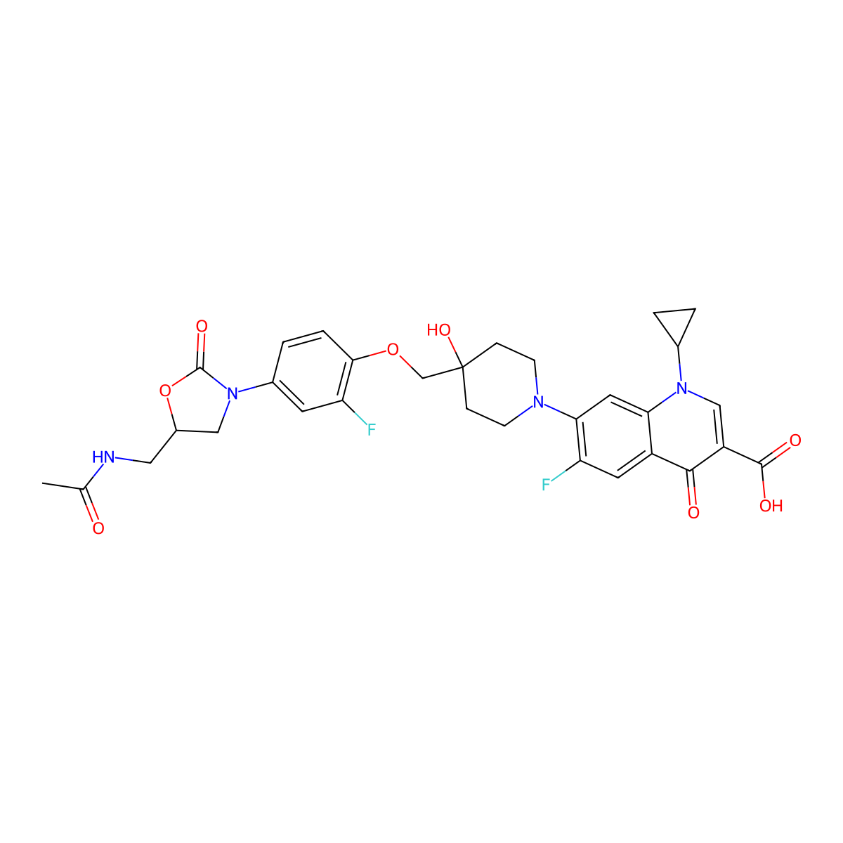 7-(4-((4-((5S)-5-(Acetamidomethyl)-2-oxo-oxazolidin-3-yl)-2-fluoro-phenoxy)methyl)-4-hydroxy-1-piperidyl)-1-cyclopropyl-6-fluoro-4-oxo-quinoline-3-carboxylic acid molecular structure, CAS 790704-42-6