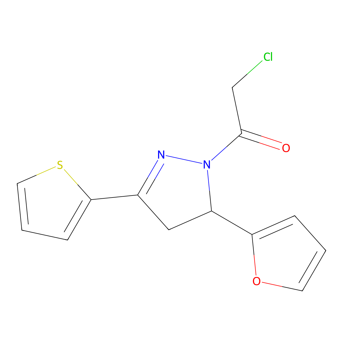2-Chloro-1-(5-furan-2-yl-3-thiophen-2-yl-4,5-dihydro-pyrazol-1-yl)-ethanone molecular structure, CAS 790725-77-8