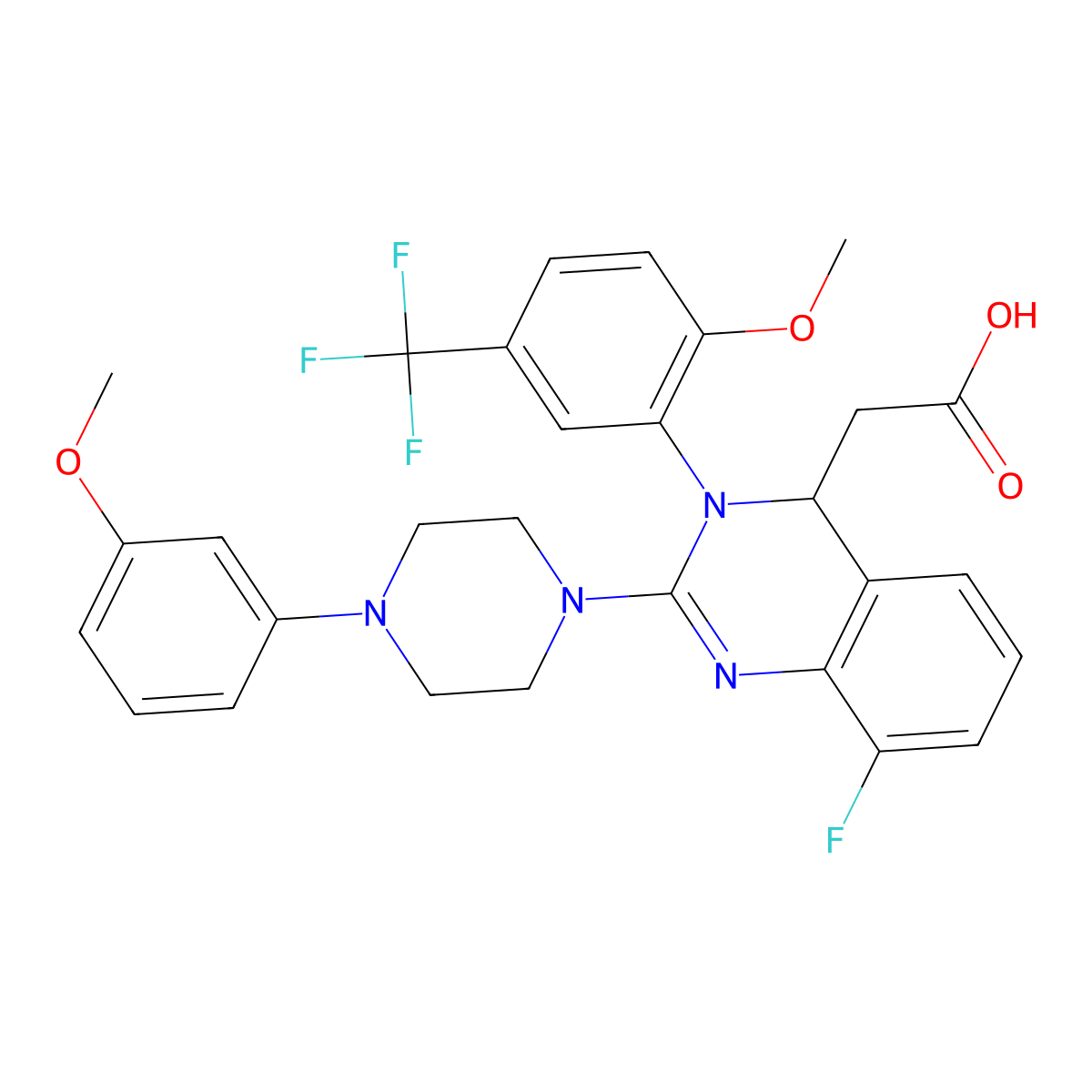 4-Quinazolineacetic acid, 8-fluoro-3,4-dihydro-2-[4-(3-methoxyphenyl)-1-piperazinyl]-3-[2-methoxy-5-(trifluoromethyl)phenyl]- molecular structure, CAS 791116-51-3