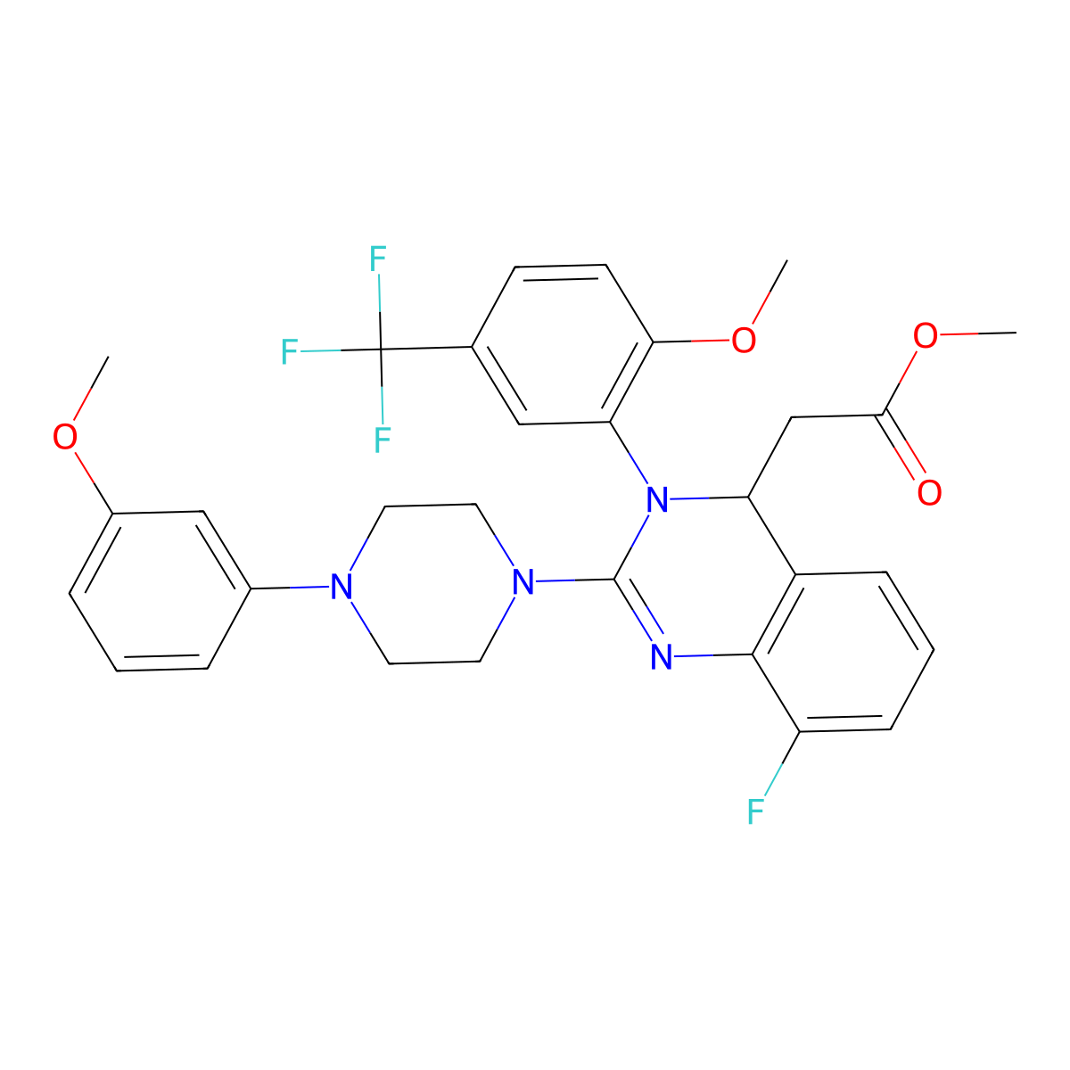 4-Quinazolineacetic acid, 8-fluoro-3,4-dihydro-2-[4-(3-methoxyphenyl)-1-piperazinyl]-3-[2-methoxy-5-(trifluoromethyl)phenyl]-, methyl ester molecular structure, CAS 791117-40-3