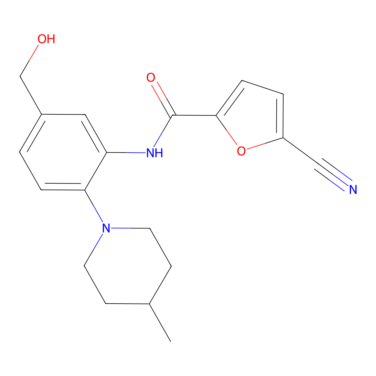 5-Cyano-furan-2-carboxylic acid (5-hydroxymethyl-2-(4-methyl-piperidin-1-YL)-phenyl)-amide molecular structure, CAS 791587-67-2