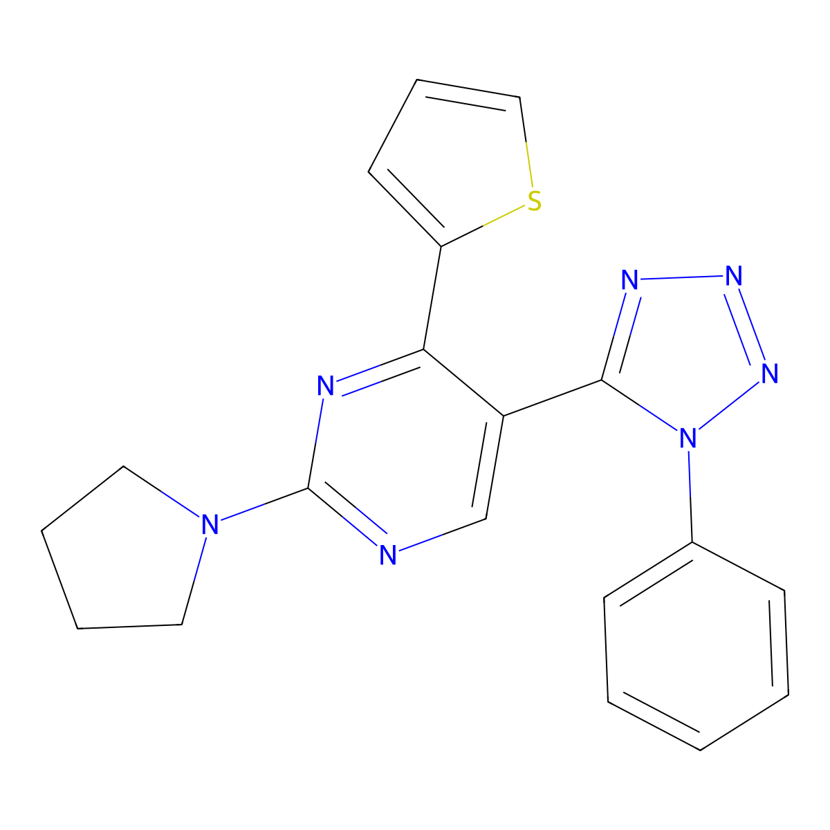 5-(1-phenyl-1H-tetraazol-5-yl)-2-(1-pyrrolidinyl)-4-(2-thienyl)pyrimidine molecular structure, CAS 791787-05-8