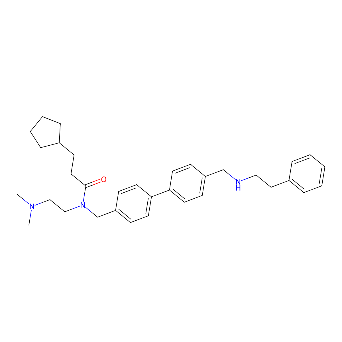 3-cyclopentyl-N-[2-(dimethylamino)ethyl]-N-[[4-[4-[(2-phenylethylamino)methyl]phenyl]phenyl]methyl]propanamide molecular structure, CAS 791789-61-2