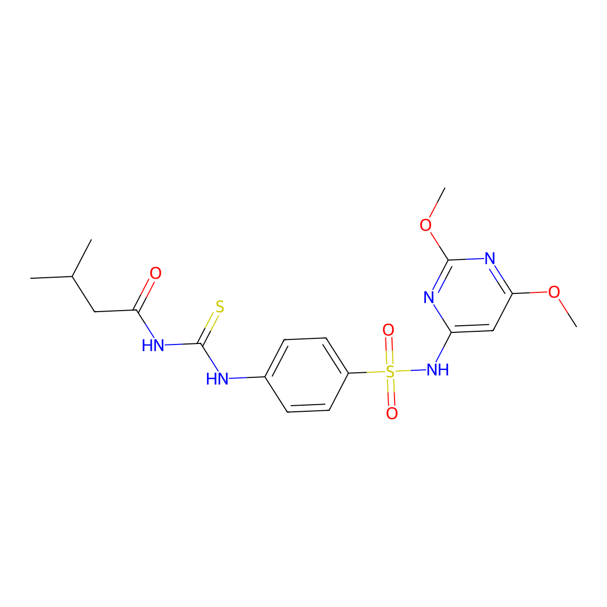 N-(2,6-dimethoxy-4-pyrimidinyl)-4-({[(3-methylbutanoyl)amino]carbothioyl}amino)benzenesulfonamide molecular structure, CAS 791792-06-8