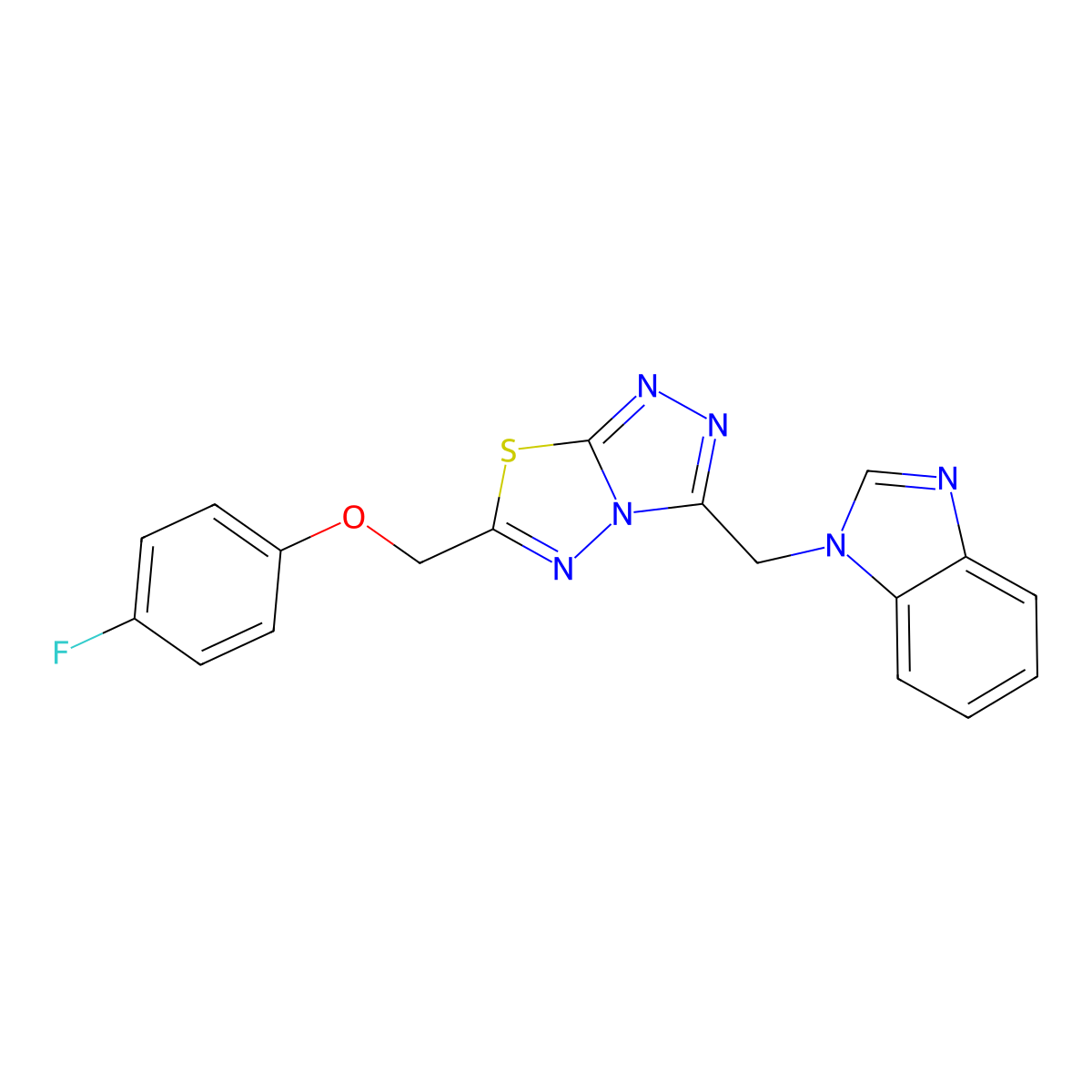 1-({6-[(4-fluorophenoxy)methyl][1,2,4]triazolo[3,4-b][1,3,4]thiadiazol-3-yl}methyl)-1H-benzimidazole molecular structure, CAS 791806-06-9