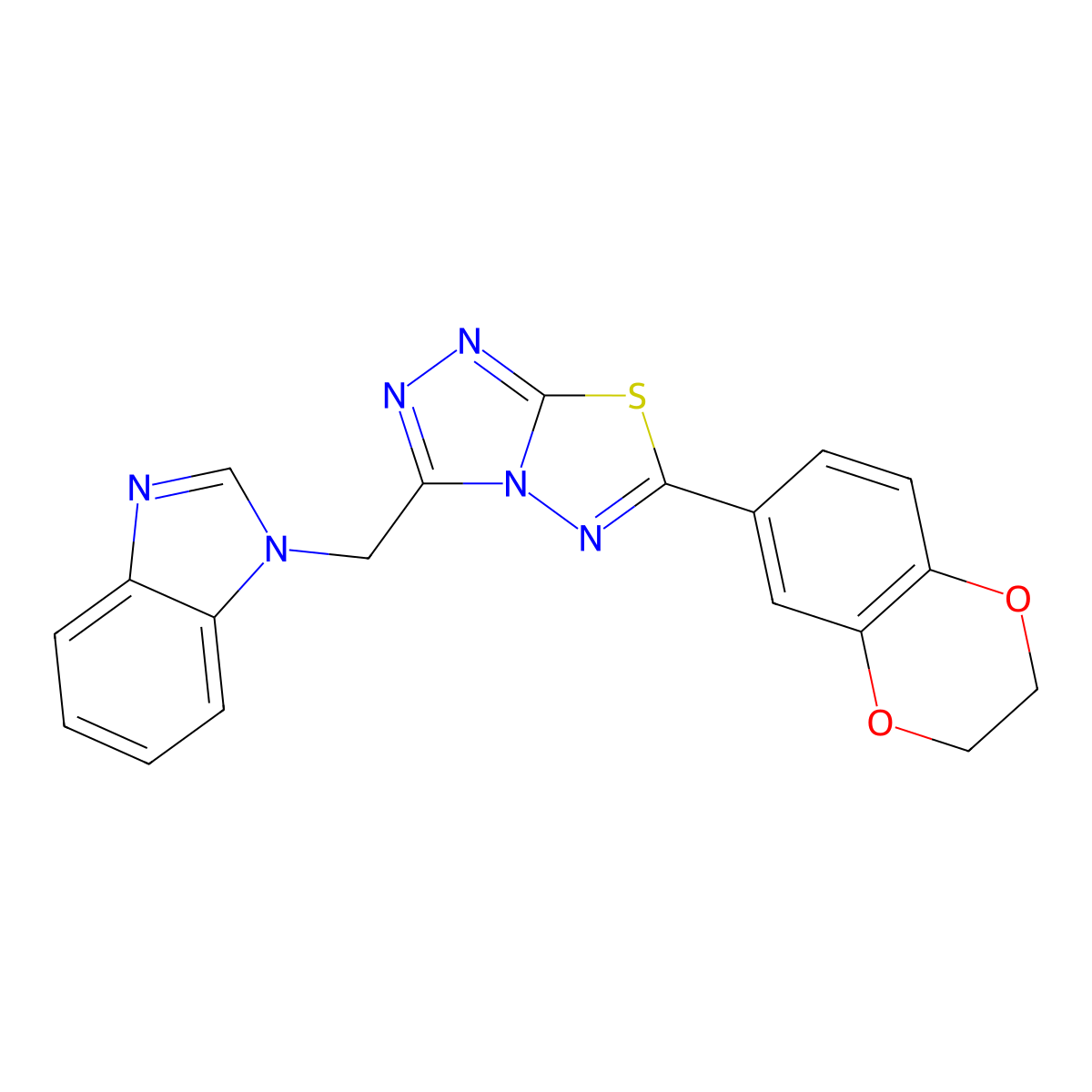 1-{[6-(2,3-dihydro-1,4-benzodioxin-6-yl)[1,2,4]triazolo[3,4-b][1,3,4]thiadiazol-3-yl]methyl}-1H-benzimidazole molecular structure, CAS 791806-11-6