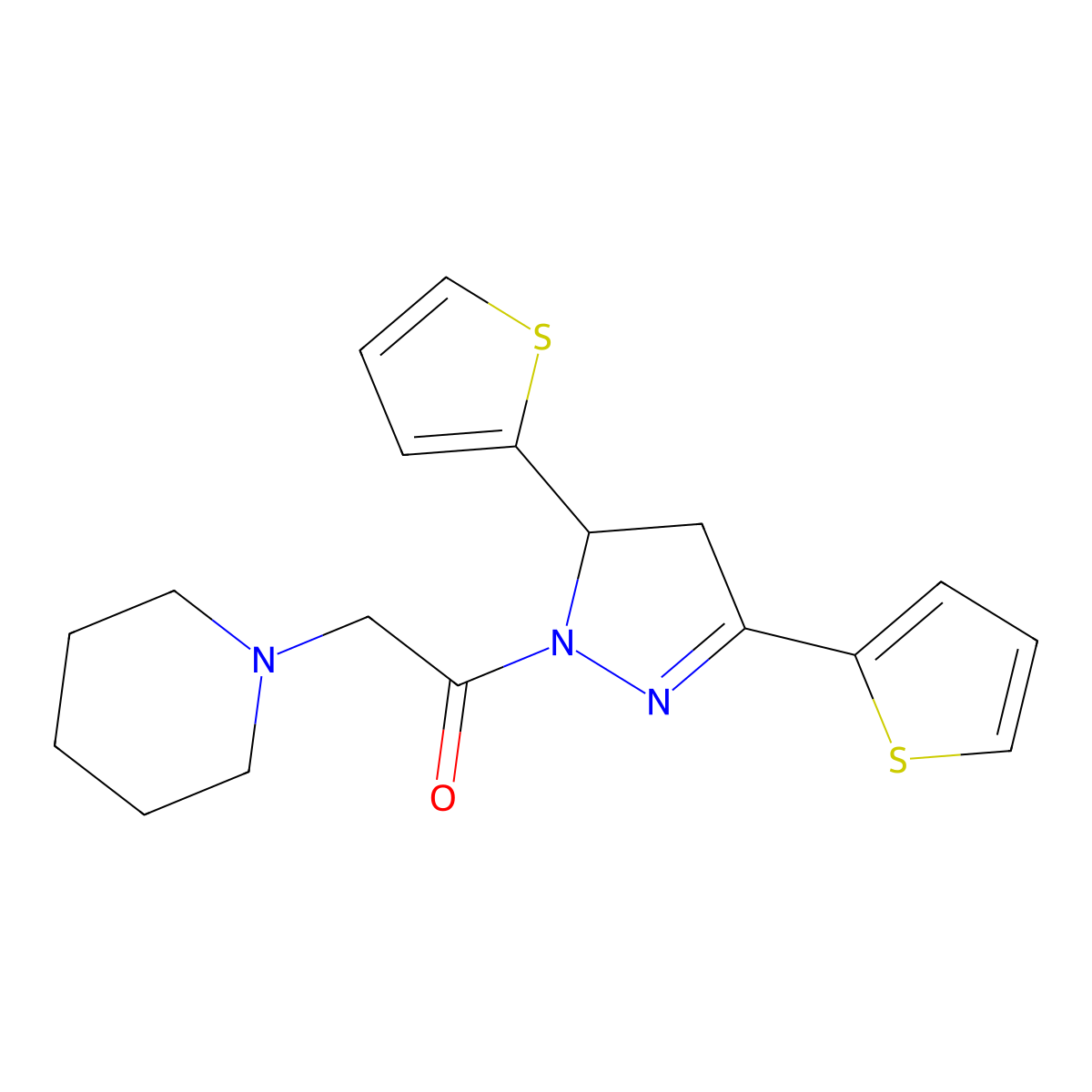 1-{2-[3,5-di(2-thienyl)-4,5-dihydro-1H-pyrazol-1-yl]-2-oxoethyl}piperidine molecular structure, CAS 791824-66-3