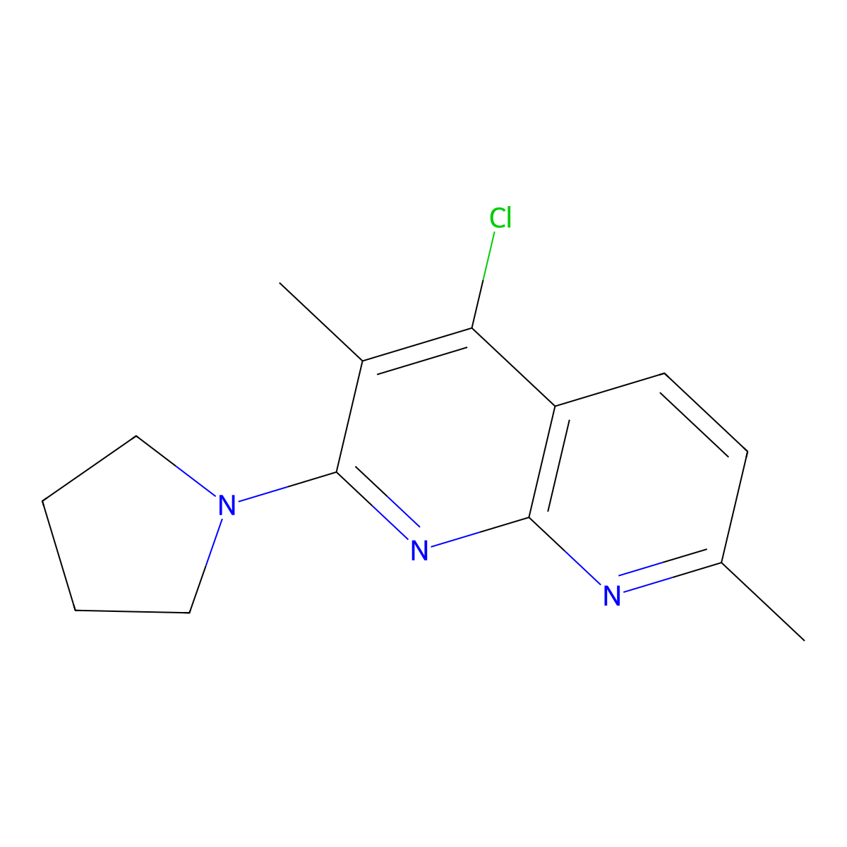 4-Chloro-3,7-dimethyl-2-(1-pyrrolidinyl)[1,8]naphthyridine molecular structure, CAS 791826-50-1
