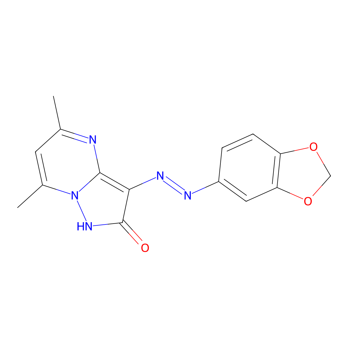 3-(1,3-benzodioxol-5-yldiazenyl)-5,7-dimethylpyrazolo[1,5-a]pyrimidin-2(1H)-one molecular structure, CAS 791826-67-0