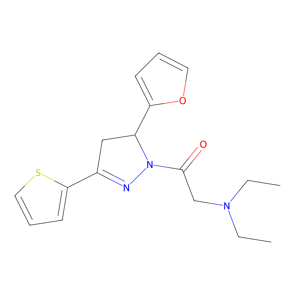 2-(diethylamino)-1-(5-(furan-2-yl)-3-(thiophen-2-yl)-4,5-dihydro-1H-pyrazol-1-yl)ethanone molecular structure, CAS 791827-71-9