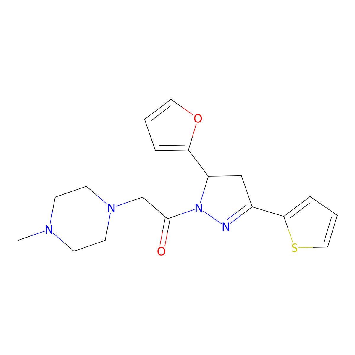 1-{2-[5-(2-furyl)-3-(2-thienyl)-4,5-dihydro-1H-pyrazol-1-yl]-2-oxoethyl}-4-methylpiperazine molecular structure, CAS 791827-73-1