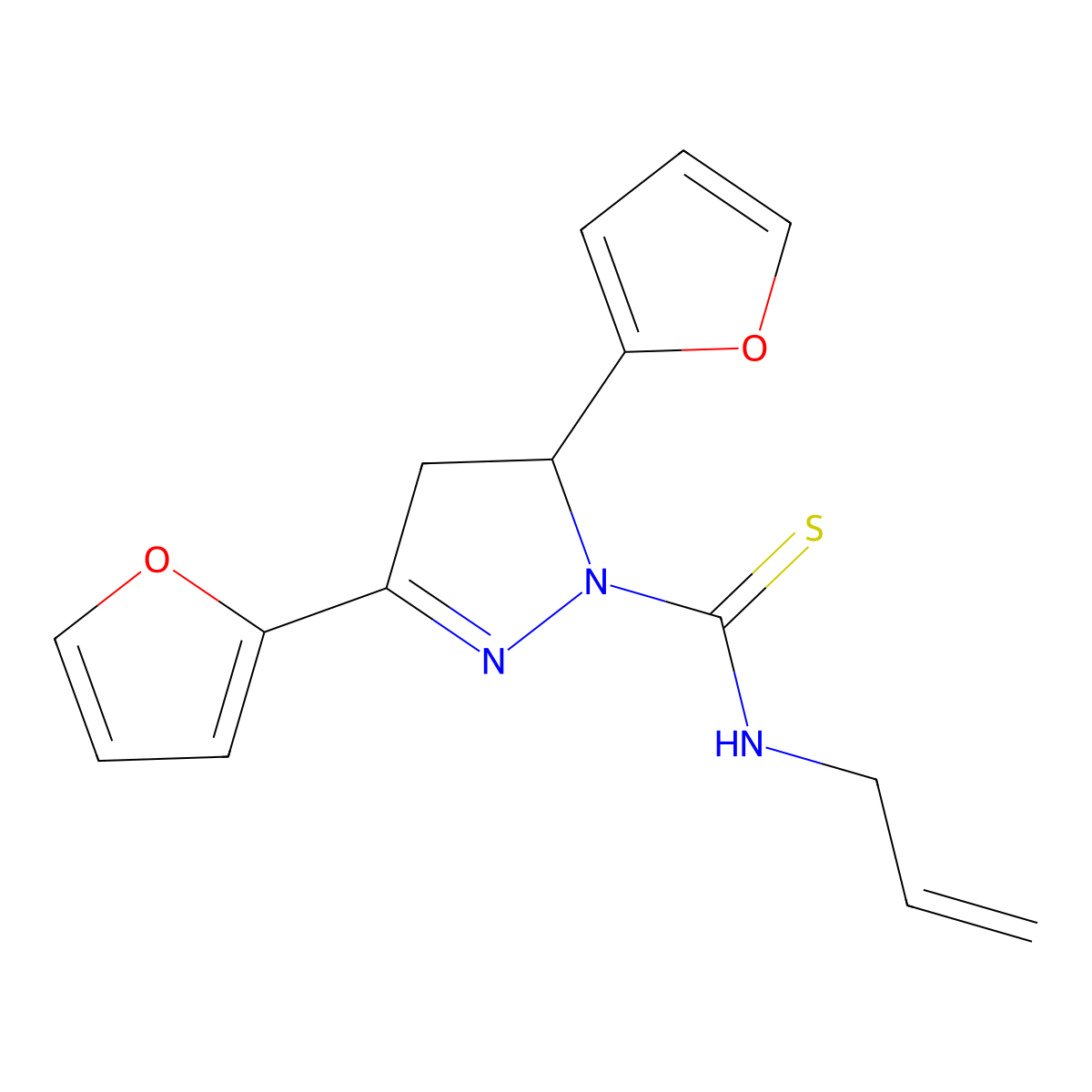 N-allyl-3,5-di(2-furyl)-4,5-dihydro-1H-pyrazole-1-carbothioamide molecular structure, CAS 791828-03-0