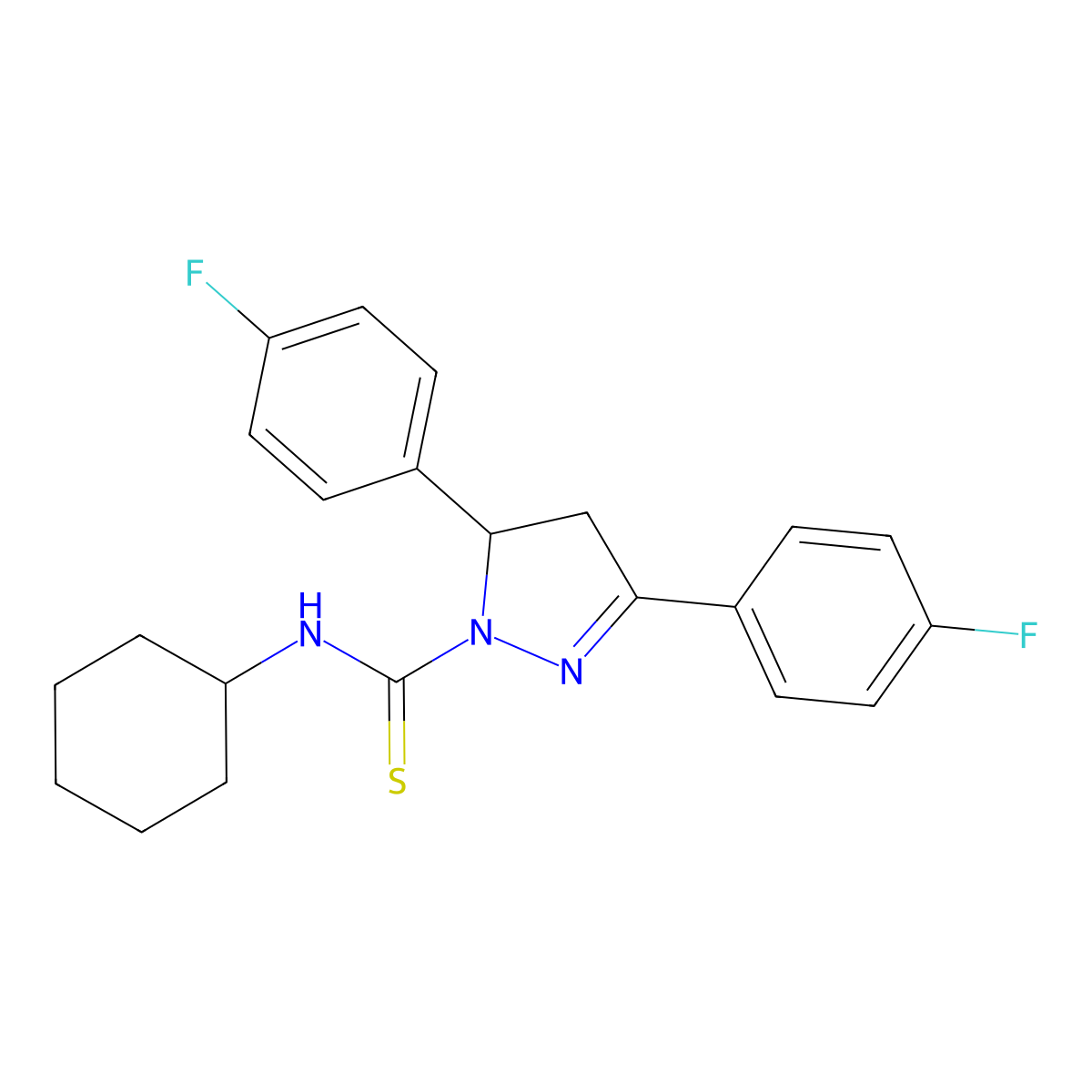 N-cyclohexyl-3,5-bis(4-fluorophenyl)-4,5-dihydro-1H-pyrazole-1-carbothioamide molecular structure, CAS 791828-11-0