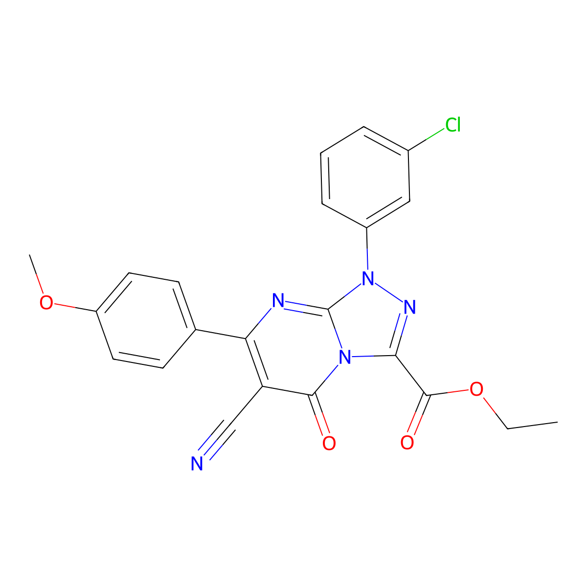 Ethyl 1-(3-chlorophenyl)-6-cyano-7-(4-methoxyphenyl)-5-oxo-1,5-dihydro[1,2,4]triazolo[4,3-a]pyrimidine-3-carboxylate molecular structure, CAS 791828-37-0