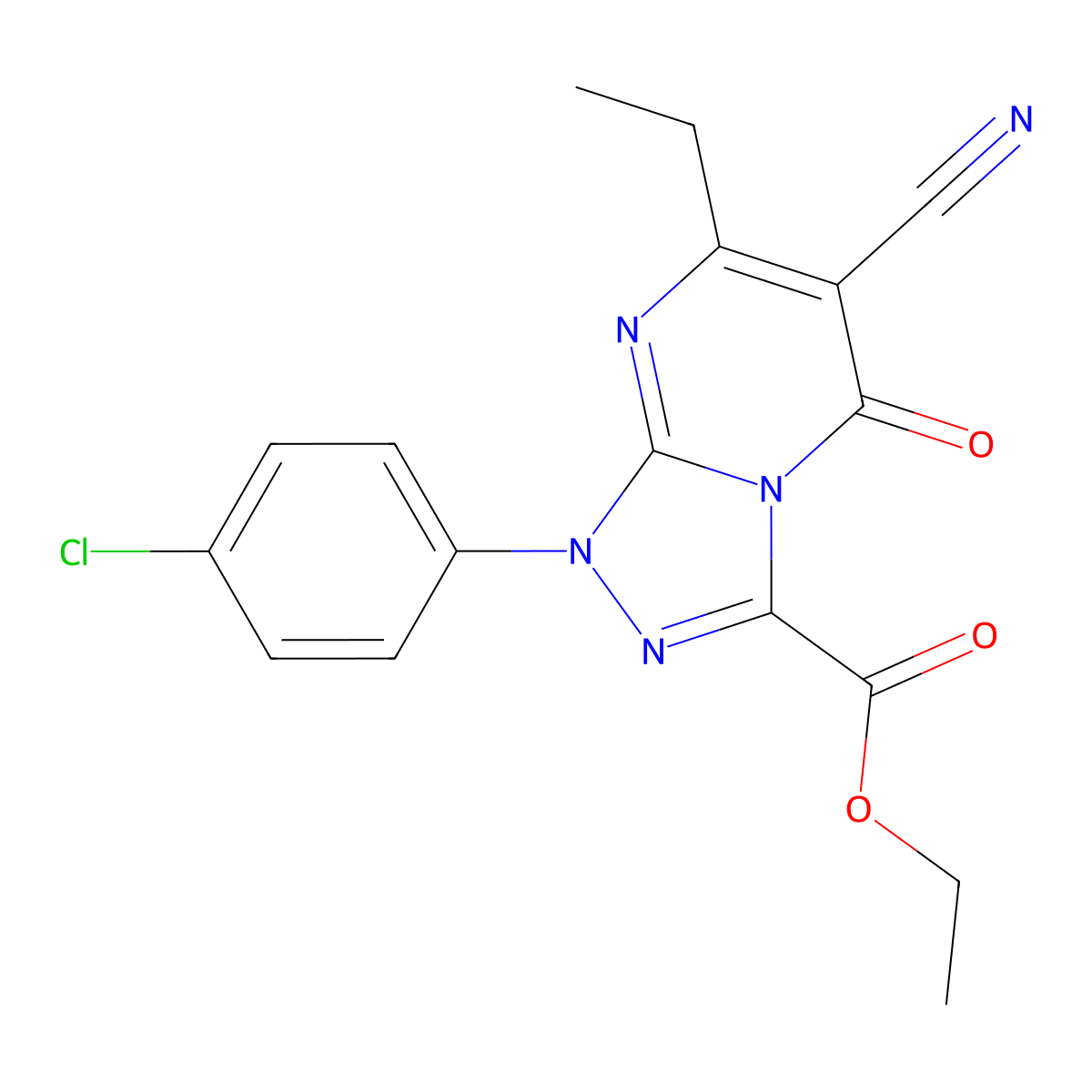 Ethyl 1-(4-chlorophenyl)-6-cyano-7-ethyl-5-oxo-1,5-dihydro[1,2,4]triazolo[4,3-a]pyrimidine-3-carboxylate molecular structure, CAS 791829-01-1