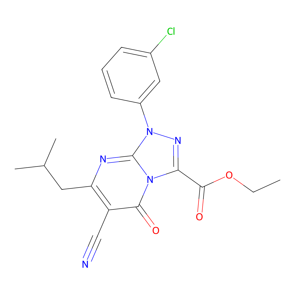 Ethyl 1-(3-chlorophenyl)-6-cyano-7-isobutyl-5-oxo-1,5-dihydro[1,2,4]triazolo[4,3-a]pyrimidine-3-carboxylate molecular structure, CAS 791829-86-2