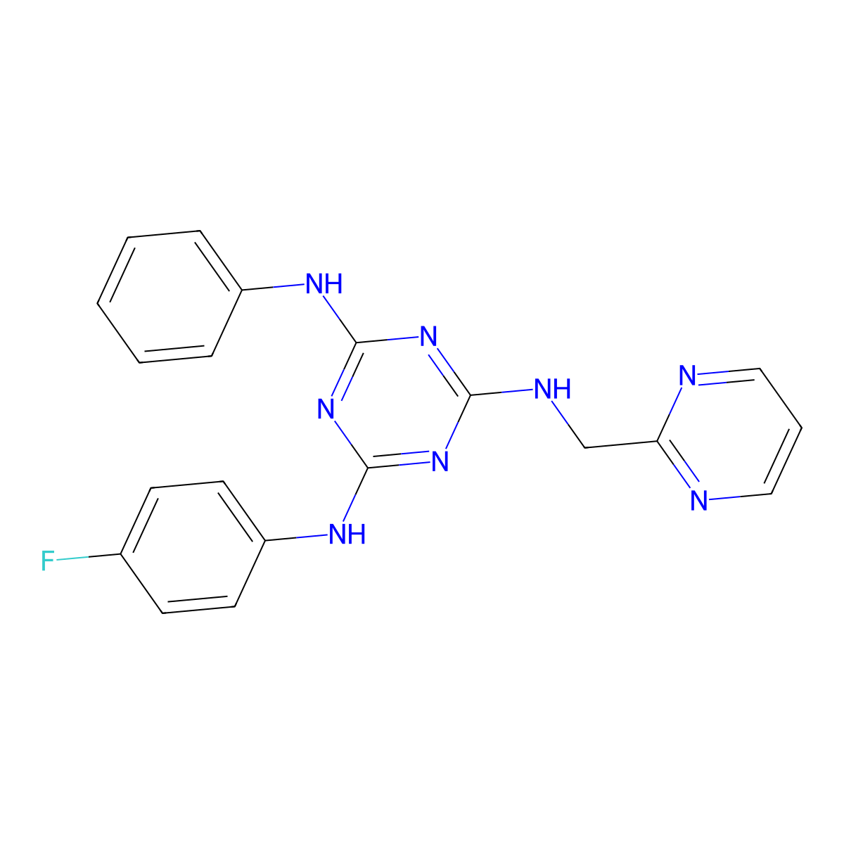 N2-(4-fluorophenyl)-N4-phenyl-N6-(pyrimidin-2-ylmethyl)-1,3,5-triazine-2,4,6-triamine molecular structure, CAS 792184-90-8
