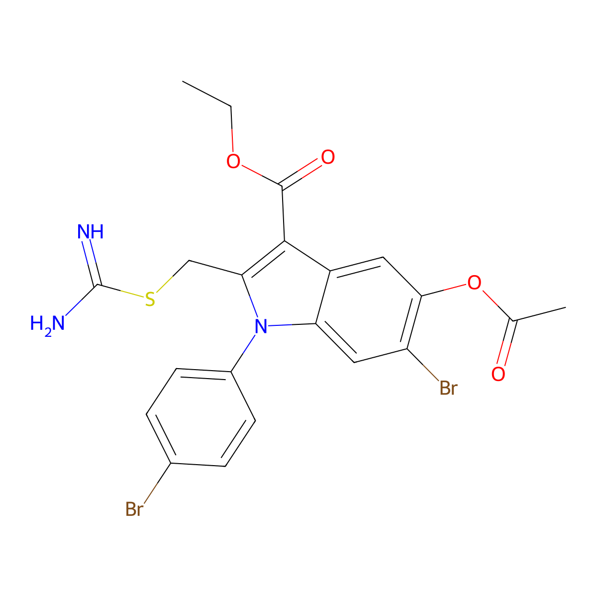 Ethyl 5-acetyloxy-6-bromo-1-(4-bromophenyl)-2-(carbamimidoylsulfanylmethyl)indole-3-carboxylate molecular structure, CAS 792878-71-8
