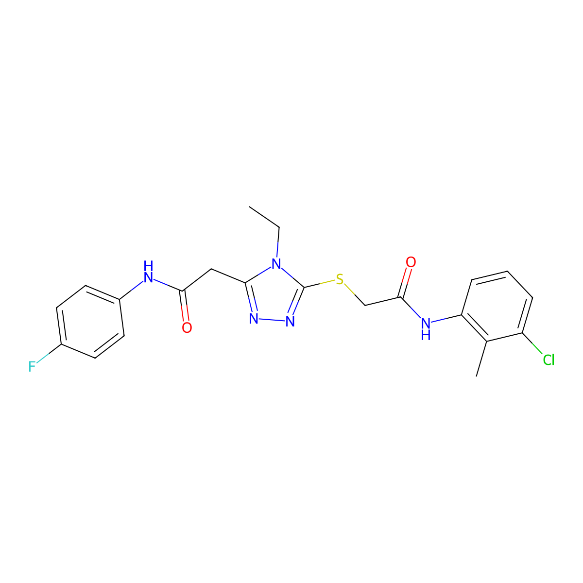 2-[5-[2-(3-chloro-2-methylanilino)-2-oxoethyl]sulfanyl-4-ethyl-1,2,4-triazol-3-yl]-N-(4-fluorophenyl)acetamide molecular structure, CAS 792942-04-2