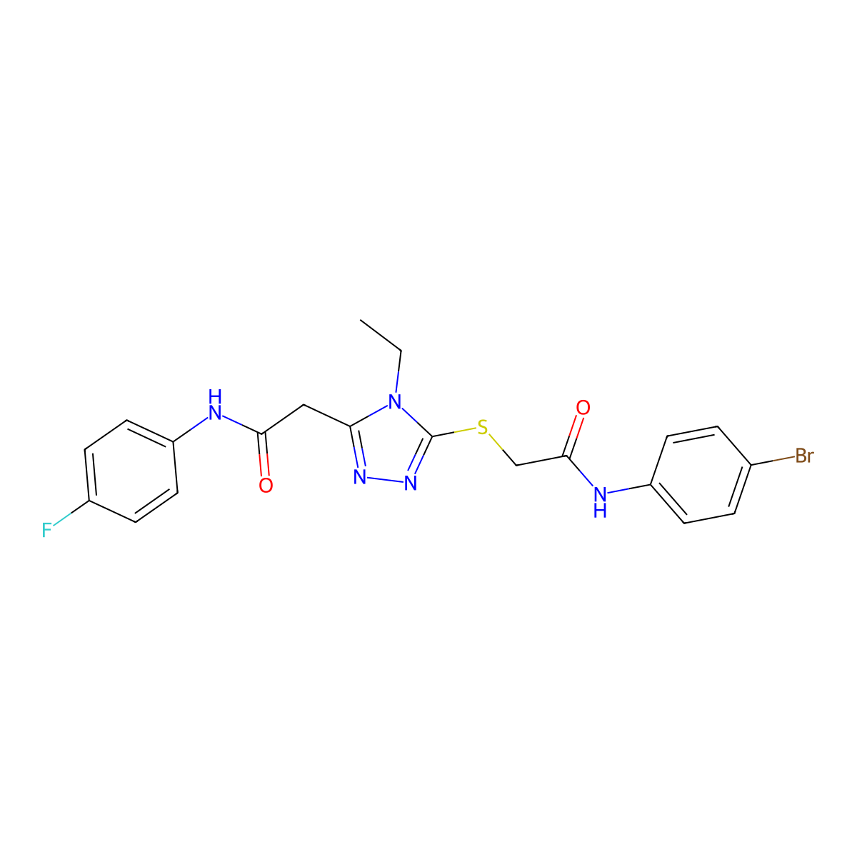 2-[5-[2-(4-bromoanilino)-2-oxoethyl]sulfanyl-4-ethyl-1,2,4-triazol-3-yl]-N-(4-fluorophenyl)acetamide molecular structure, CAS 792943-28-3